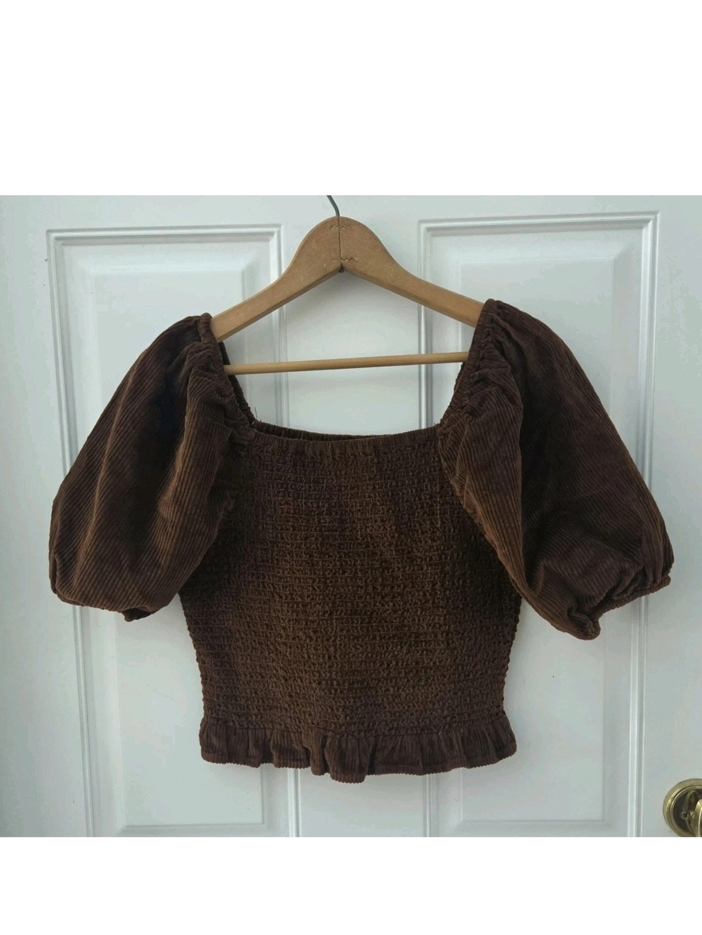 American Eagle Brown Fall Autumn Corduroy Smocked Crop Top Puff Sleeves L
